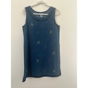 Jane Ashley Denim Tank Dress Womens Medium Blue Embroidered Sleeveless Casual